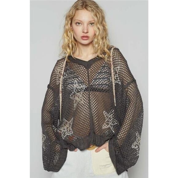 POL Star Openwork Long Sleeve Hooded Knit Cover Up - Picture 1 of 4